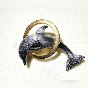 Vintage Liz Claiborne Silver brush dolphin w/sapphire jumping through gold hoop